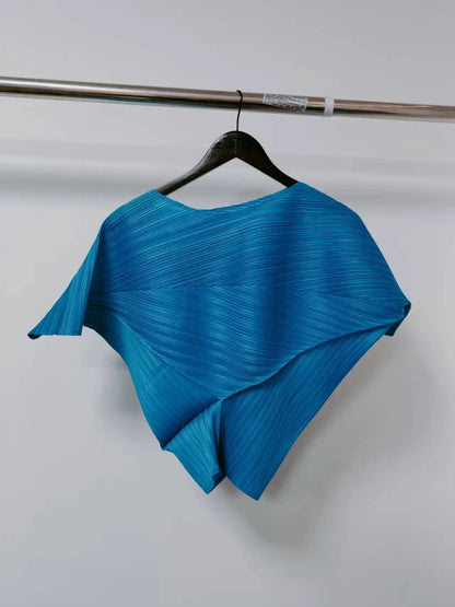 Vibrant Cyan Blue Miyake Pleated Asymmetric Short Sleeve Top, Irregular Hem Women's Casual All Match Modern Stylish Blouse