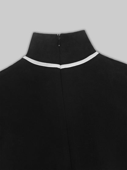 French Elegant Chiffon Maxi Dress, High Neck Long Sleeve with White Piping Trim, Ideal for Office, Business, Banquets & Parties