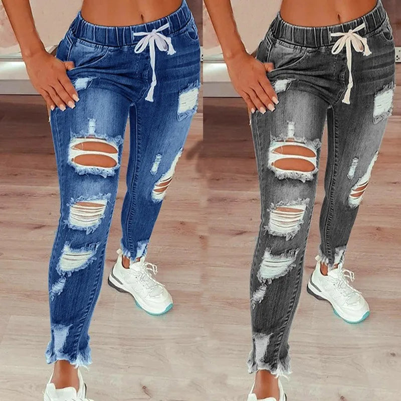 Women's S-5XL Size Tight Waist Jeans Women's Mid Waist Lace up Slim Fit Elastic Feet Pants Perforated Denim Pants