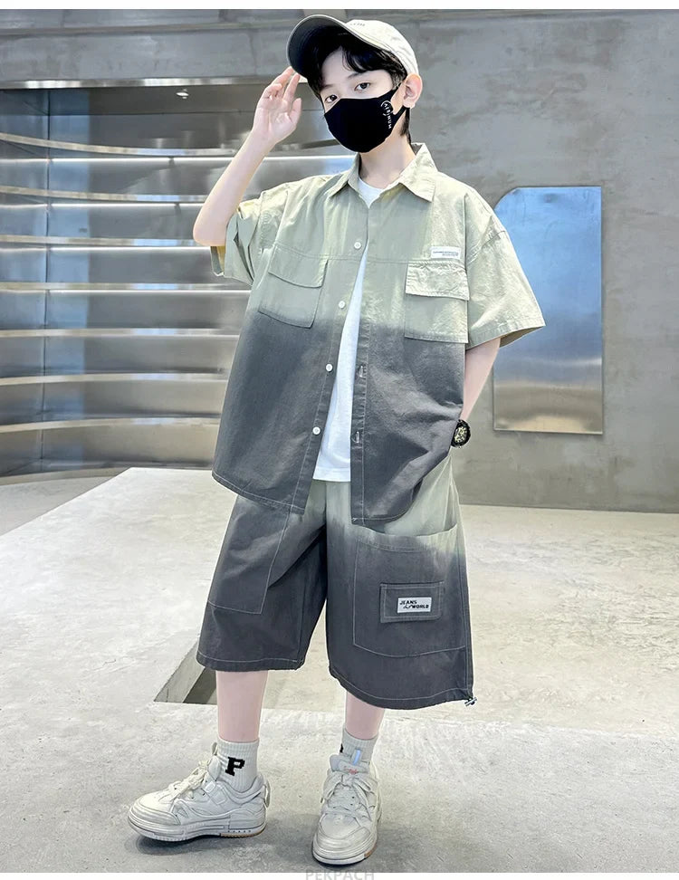 Loose Style Child Pocket Outfit Suit Cool Big Boys Summer Clothes Set Teens Kids Shirt+Shorts 2PCS Clothing Set Gradient Costume