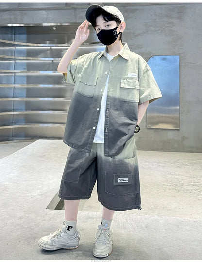 Loose Style Child Pocket Outfit Suit Cool Big Boys Summer Clothes Set Teens Kids Shirt+Shorts 2PCS Clothing Set Gradient Costume