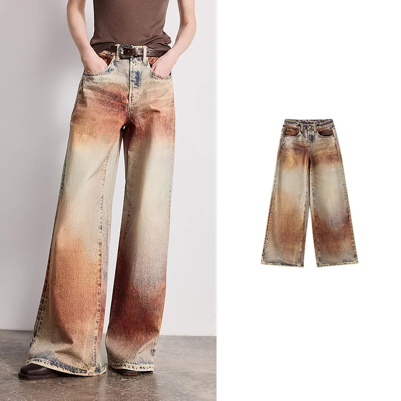 Women Jeans 2026 Spring New Wilderness Wasteland Style Mid Low Waist Loose Printed Wide Leg Pants