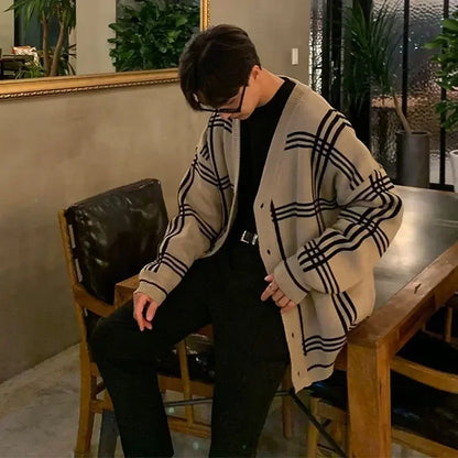 Men's Clothing Cardigan Jacket V Neck Coat Knit Sweater Male Plaid Elegant Casual Long Sleeve 100% Korean 2025 Autumn Classic A