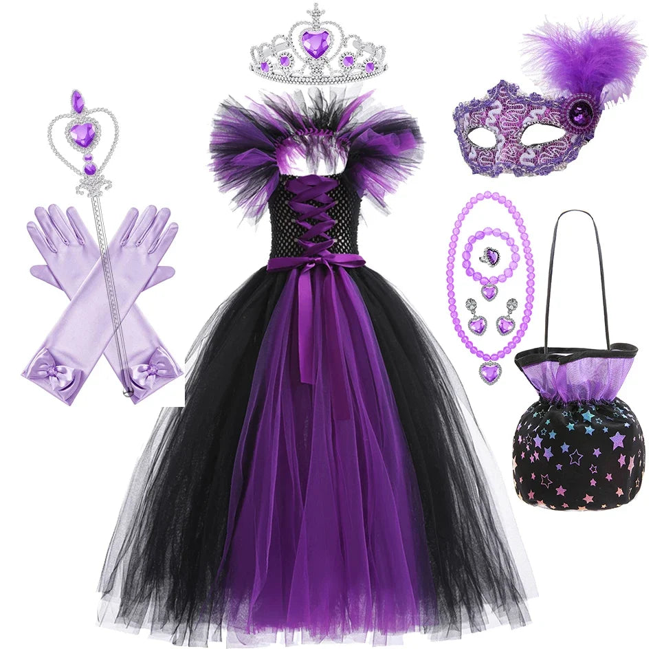 Maleficent Neck Dress Girls Halloween Theme Cosplay Costume Handmade Woven Tulle Dress Evil Role Playing Outfits Luxury Gown