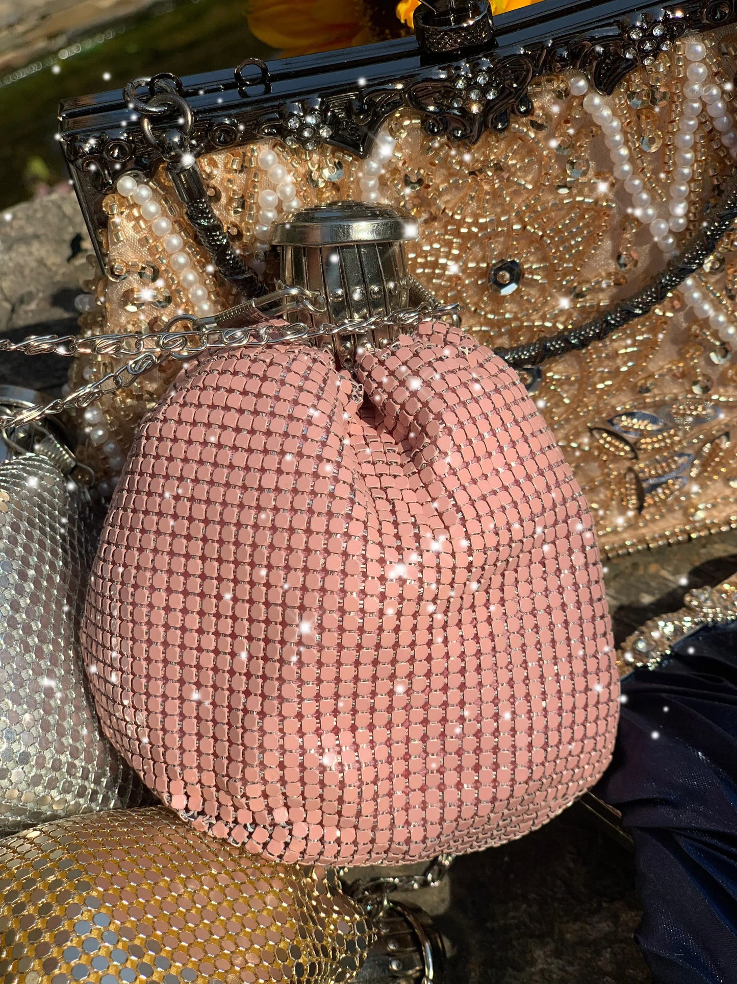Lost in Vintage Glitter Sparking Evening Bag Handbag with Aluminum Pieces Crossbody Clutches Shoulder Metallic Chains
