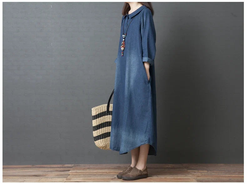 Women's Denim Dr Long Sve Loose Fit irt Sle Autumn Spring Faion plus Size Clothing Meat Concealing Slimming Skirt