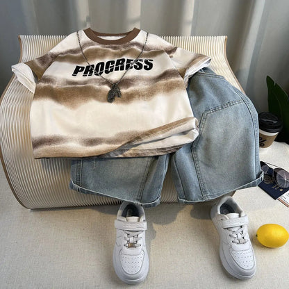 Korean Children's Summer Clothes Kids Set Outfits Boys 2026 Handsome Sleeveless&Short Sleeved T-shirt Denim Shorts 2-piece Set