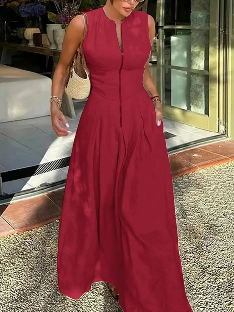 Office Lady Commute Pleated A-line Dress 2026 New Summer Fashion Solid Color Sleeveless Zipper Evening Maxi Dresses