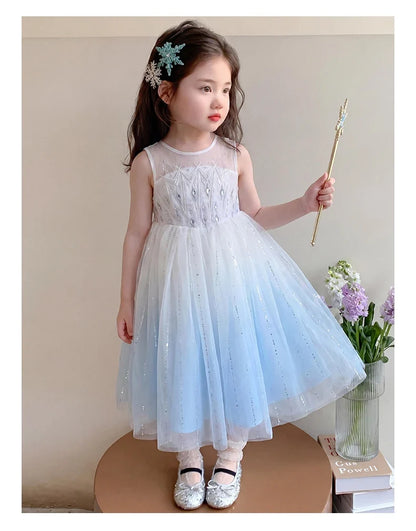 Elsa Princess Dress w/ Cape 2026 New Summer Frozen Cosplay Dresses for Little Girls Birthday Party Sleeveless Mesh Evening Dress