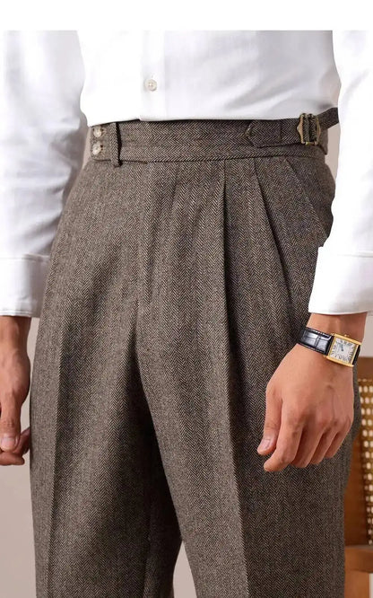 Autumn Herringbone Dress Pants For Men Naples Men's Wool Blend High Waist Social Casual Versatile Long Pants Office Trousers Men