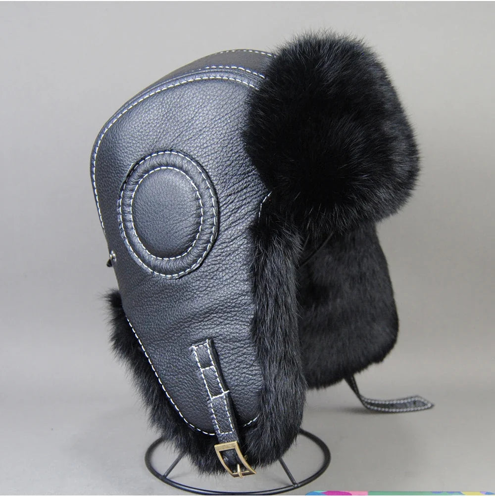 2026 Fashion Men's 100% Natural Rabbit Fur Bomber Hats Winter Russian Man Warm Real Sheepskin Leather Hat Male Real Fur Caps