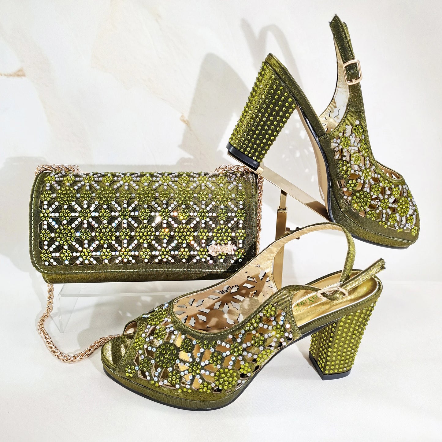 2025 New Rhinestone Design African-Inspired Shoe and Bag Set Olive Toe-Exposing Comfortable Women's High Heels Trending on INS