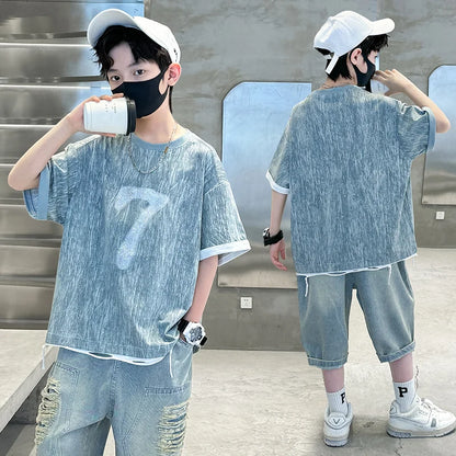 Cool Cowboy Outfit Costume Suit for Kids Child Summer Clothes Set Denim T-shirt and Ripped Shorts Clothes Set for Teens Boy 5-14