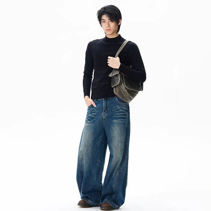 Spring New Men'S Jeans Wide Leg Pants Loose Machete Jeans Vintage Lightning Cracked Denim Trousers