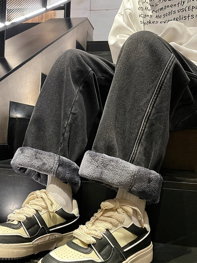 Men's Winter Jeans Fleece-Lined Brushed Thick Warm Denim Pants Korean Style Straight Fit Insulated Trousers Asians Size M-3XL