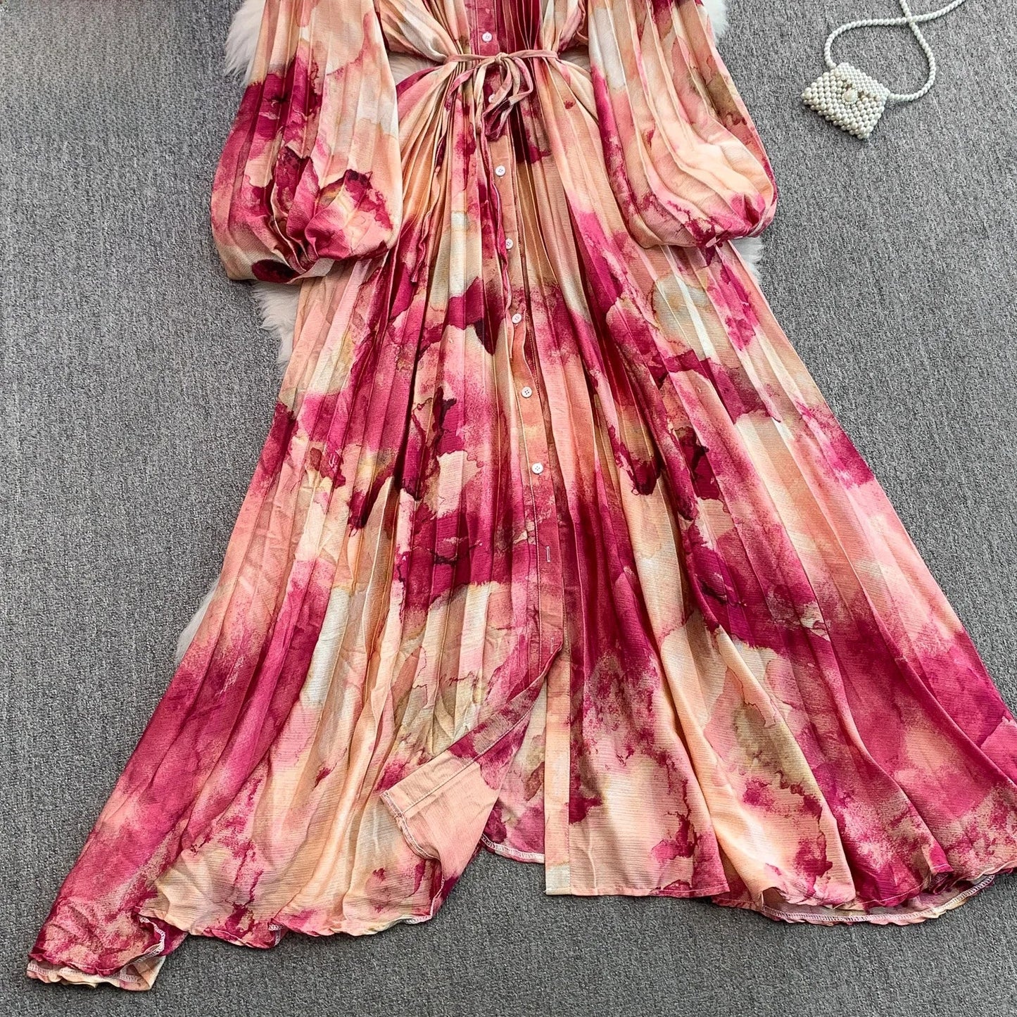 Ele Printed round Ne Lantern Sve Dr Women's Single Button Waist Cinch Maxi Skirt Long Dr Commute Sle Autumn