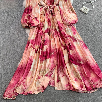 Ele Printed round Ne Lantern Sve Dr Women's Single Button Waist Cinch Maxi Skirt Long Dr Commute Sle Autumn