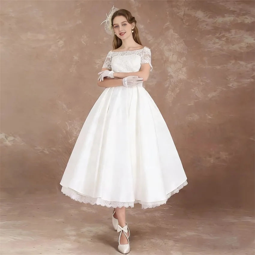 Customized Elegant Short Sleeves Midi Wedding Dresses for Women Lace Boat Neck Tea Length A-Line Bride Gowns Vestidos De Novia