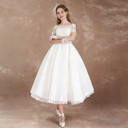 Customized Elegant Short Sleeves Midi Wedding Dresses for Women Lace Boat Neck Tea Length A-Line Bride Gowns Vestidos De Novia