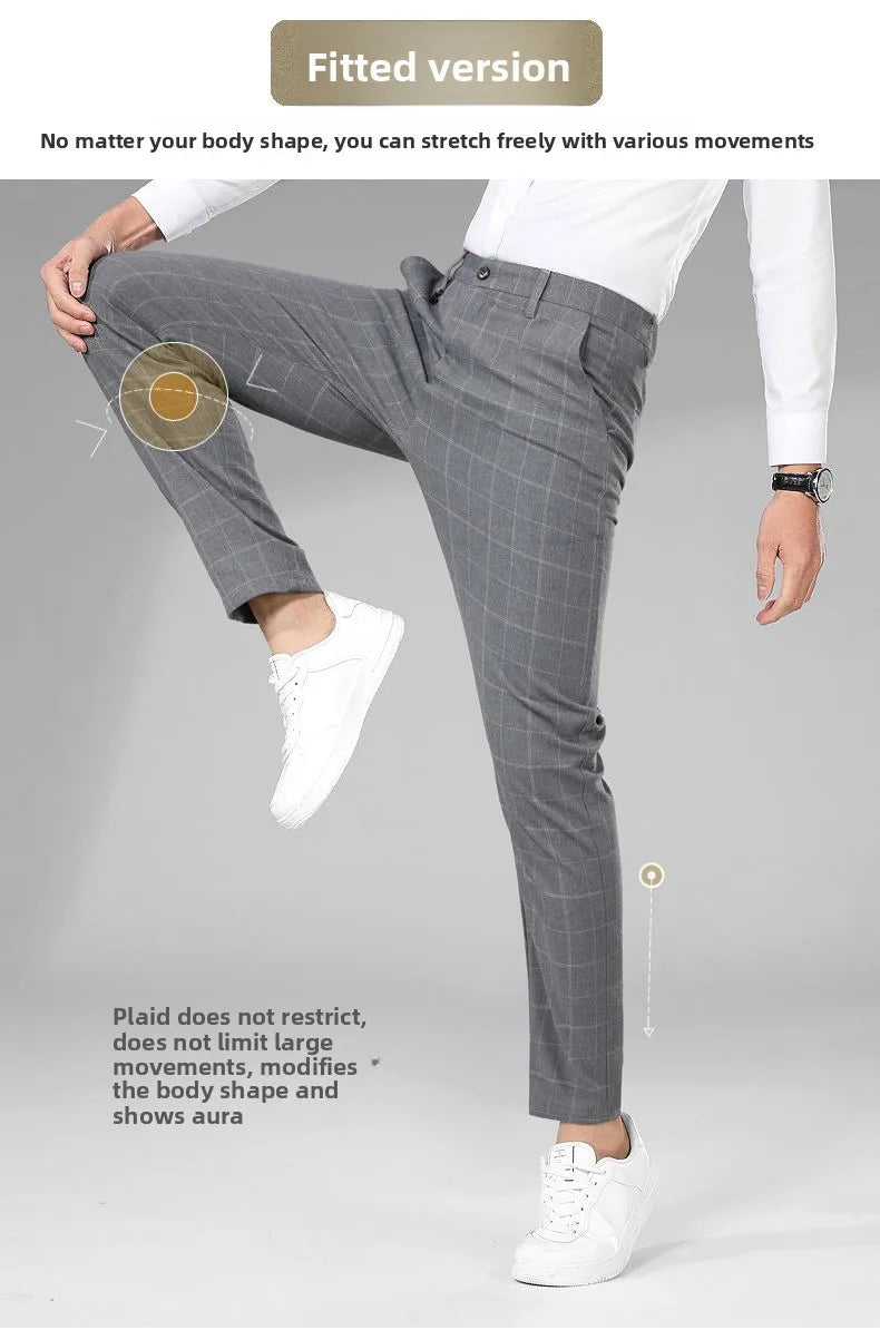 Autumn Winter Men's Business Casual Plaid Pants Korean Fashion Stretch Slim Fit Suit Pants Male Office Formal Versatile Trouser