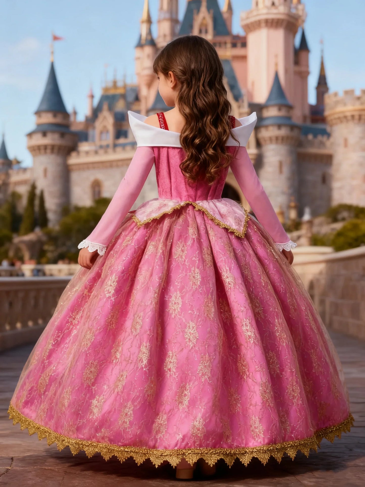 Girl Aurora Princess Dress Children Luxurious Cosplay Costume Rose Pink Briar Rose Outfit Kids Carnival Birthday Party Clothing