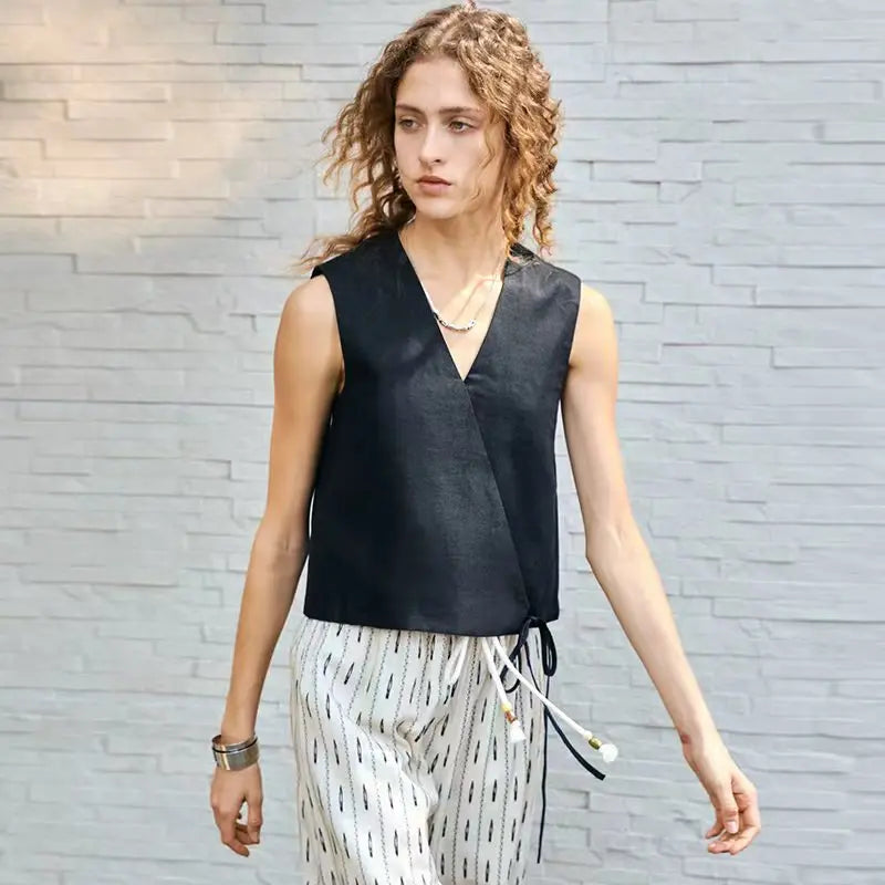 100% Linen Women's V-Neck Short Vest Tank Top 2026 New Arrival Summer Casual Sleeveless Tie-Front Linen Tops Camison Verano