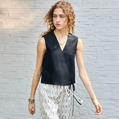 100% Linen Women's V-Neck Short Vest Tank Top 2026 New Arrival Summer Casual Sleeveless Tie-Front Linen Tops Camison Verano