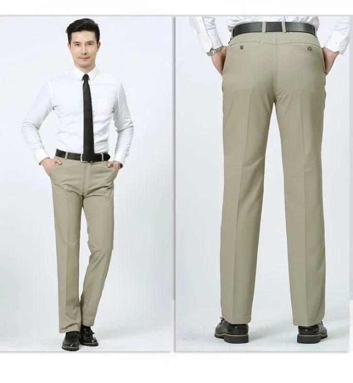 Summer Thin Pants 100% Cotton Men's Autumn Thick Suit Pant Slacks High Waist Straight Loose Bland Solid Business Casual Pants