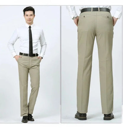 Summer Thin Pants 100% Cotton Men's Autumn Thick Suit Pant Slacks High Waist Straight Loose Bland Solid Business Casual Pants
