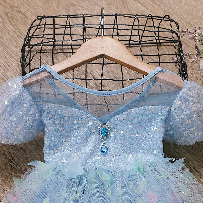 Baby Girls Butterfly Wings Fairy Gauze Princess Puff Sleeve Dress Lovely Kids Summer Tulle Dress Child Birthday Party Gown Dress