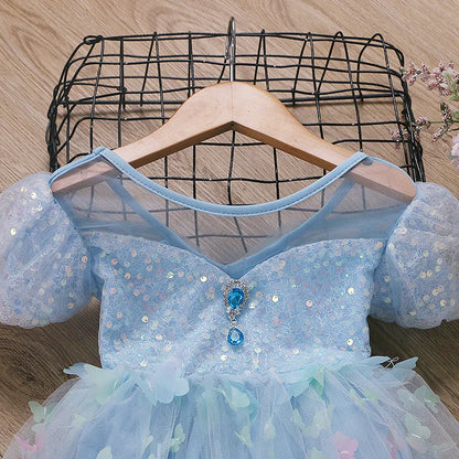 Baby Girls Butterfly Wings Fairy Gauze Princess Puff Sleeve Dress Lovely Kids Summer Tulle Dress Child Birthday Party Gown Dress