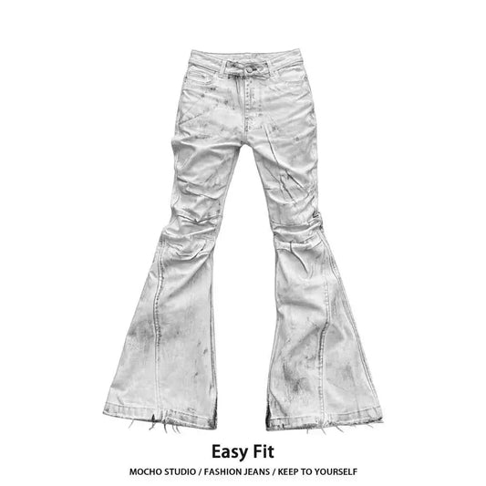 American Retro Hot Girl Tie-Dye Women's High-Waisted Bell-Bottom Pants Slim Ripped New Autumn And Winter Washed Casual Trousers