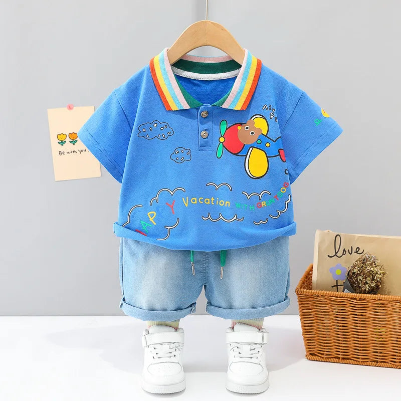New Summer Suits for Baby Cartoon Print Kids Short Sleeve Letter Polo Shirts +denim Shorts Toddler Boy Casual Clothing Outfits