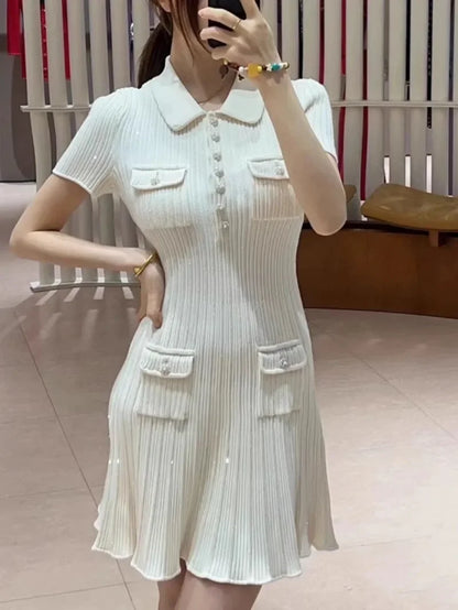 2025 Spring/Summer New Polo Neck Short Sleeve Knitted Dress Y2K Fashion Commuter Elastic Slim Fit Multi Pocket Wrapped Hip Skirt