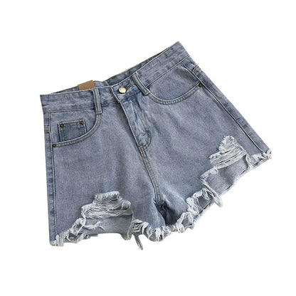 Korean Denim Shorts Women Summer Fashion Casual High Waist Ripped Jeans Pocket Tassel Y2K Hot Pants Streetwear Blue Trousers