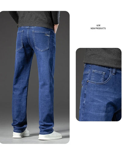 2025 Spring Autumn Men's Straight Jeans Denim Pants Classic Style Business Stretch Casual Trousers Large Size 40 42 44 46