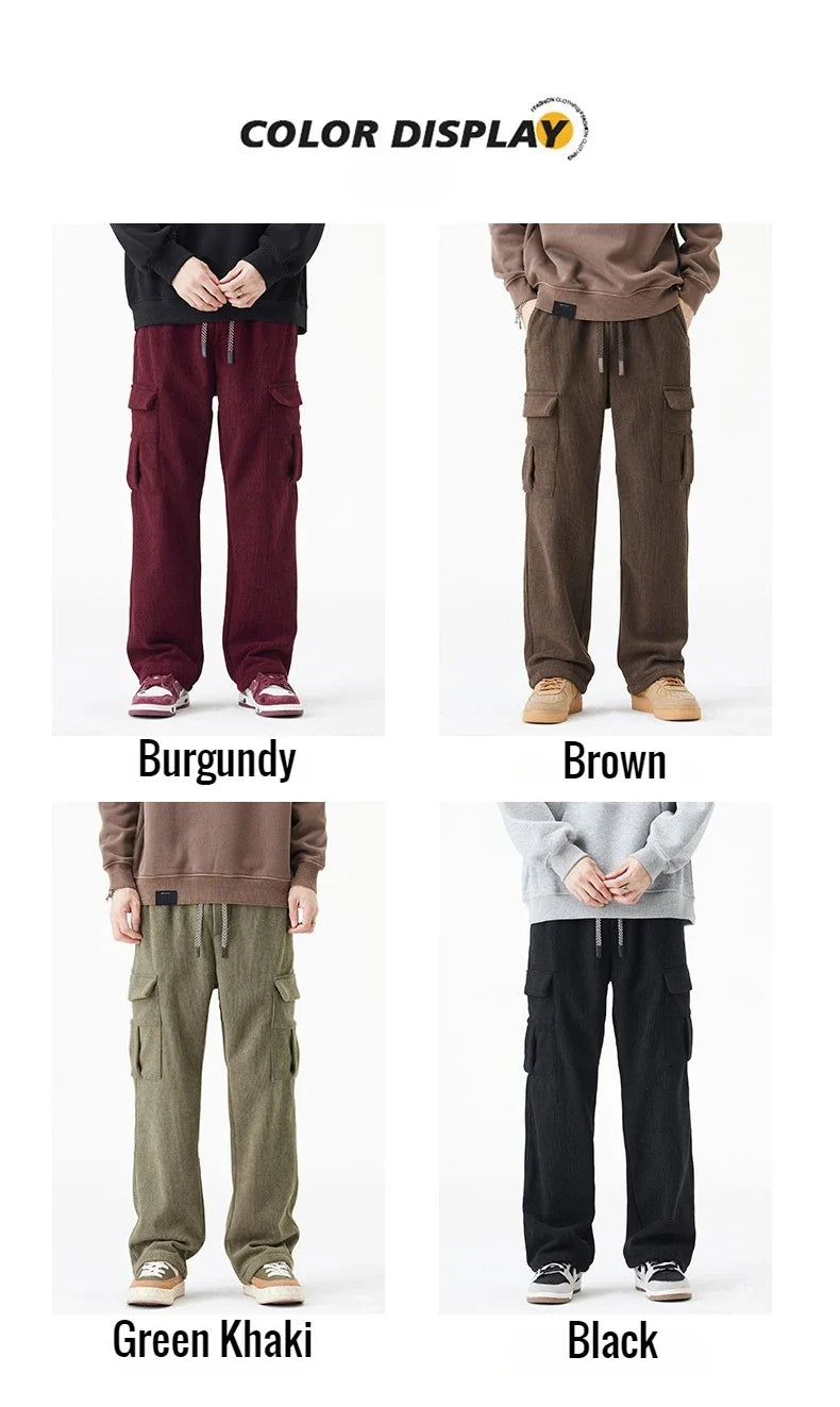 2026 New in Winter Corduroy Pants Men Straight Wide Leg Cargo Trouser Male Elastic Waist Loose Fit Thick Brown Warm Fleece Plush