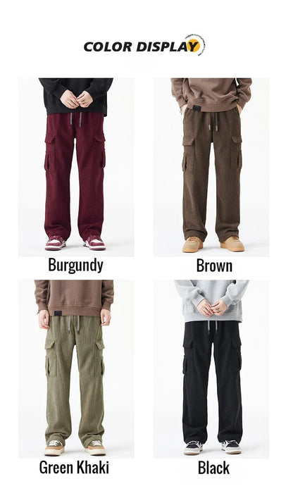 2026 New in Winter Corduroy Pants Men Straight Wide Leg Cargo Trouser Male Elastic Waist Loose Fit Thick Brown Warm Fleece Plush