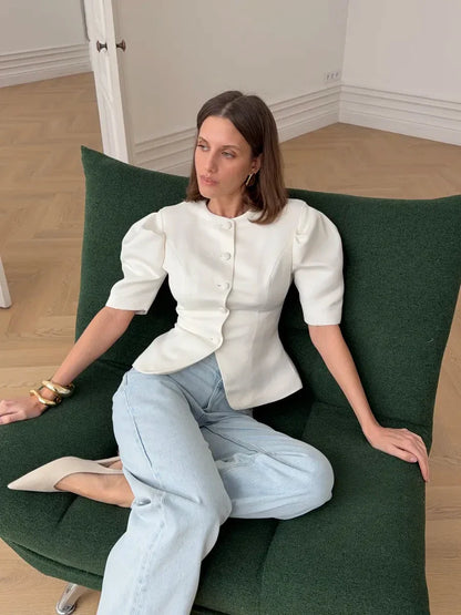 KT Elegant Satin Puff Sleeve Blouse for Women Round Neck Button Down Fitted Waist Asymmetric Hem Office & Formal Wear Tops