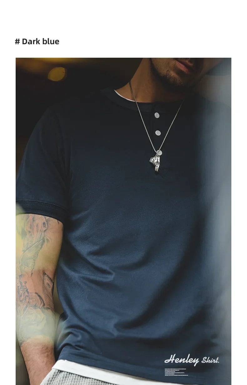 Cotton Men's Henry T-Shirts Soft Breathable Vintage Tops Tee Shirt Solid Casual Classic Buttons Shirt Hot Man Clothing