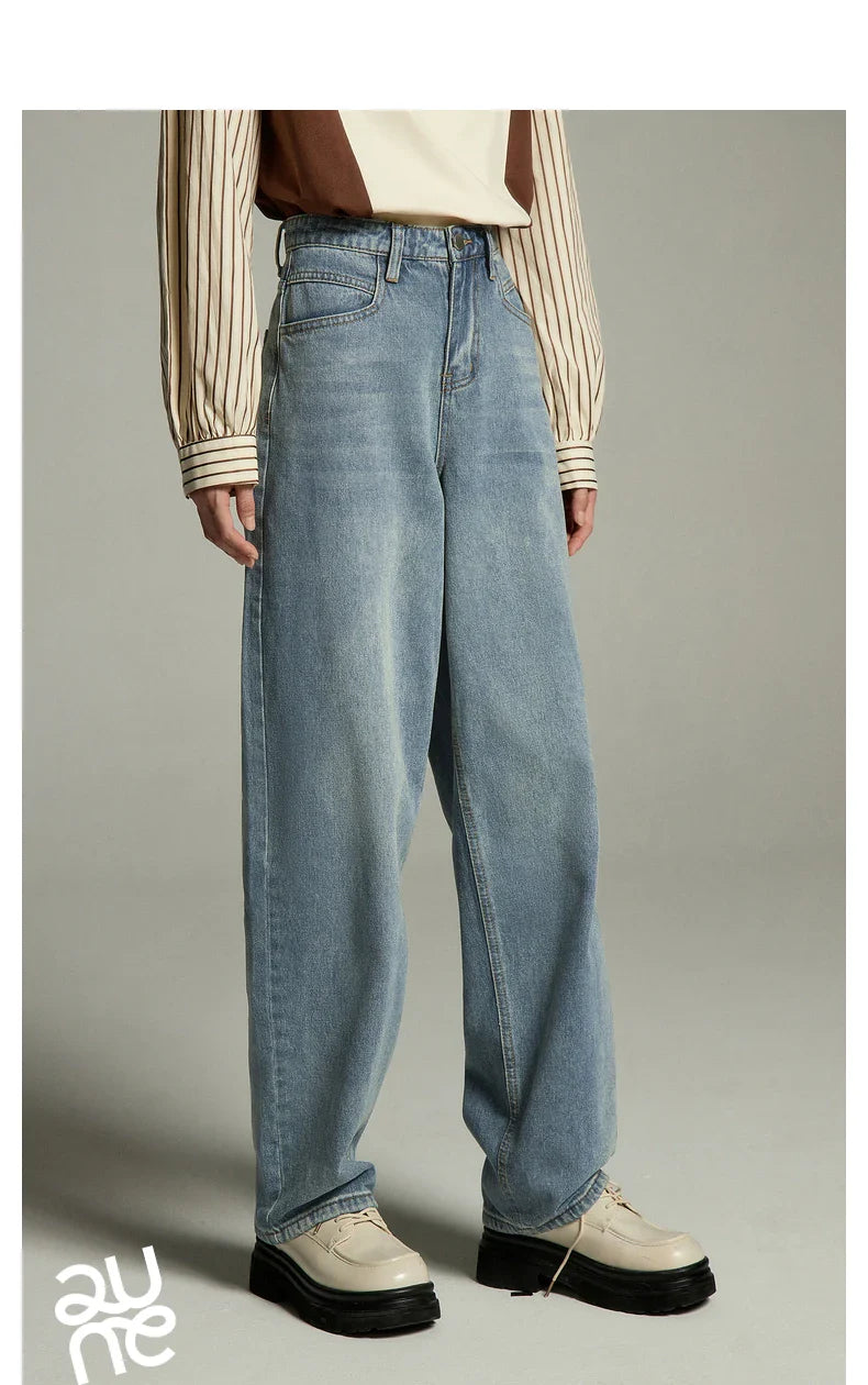 Women Jeans 2023 Autumn High Waist Straight Loose Trousers Fashion Casual Versatile Simple Basic Light Blue Pants