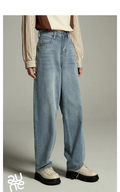 Women Jeans 2023 Autumn High Waist Straight Loose Trousers Fashion Casual Versatile Simple Basic Light Blue Pants