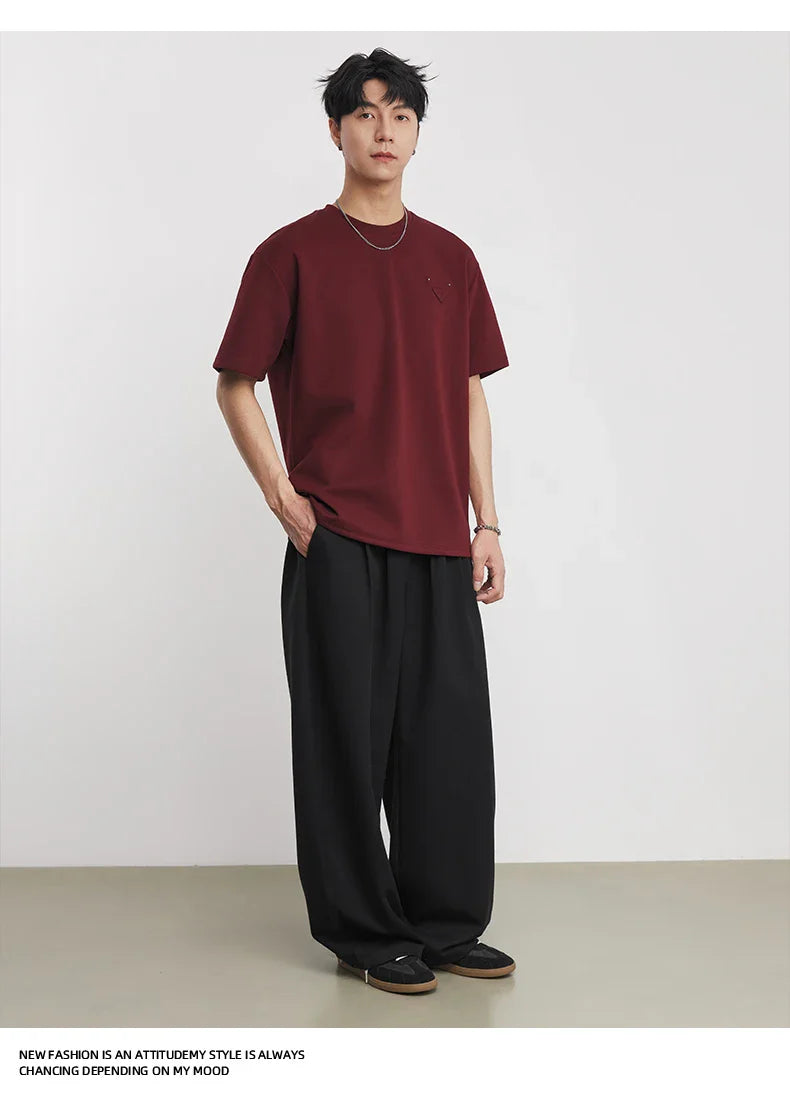 Men's Heavyweight 280g 2026 Summer New Cotton Solid Color Short Sleeve T-Shirt Crew Neck Triangle Label All-match Minimalist Tee