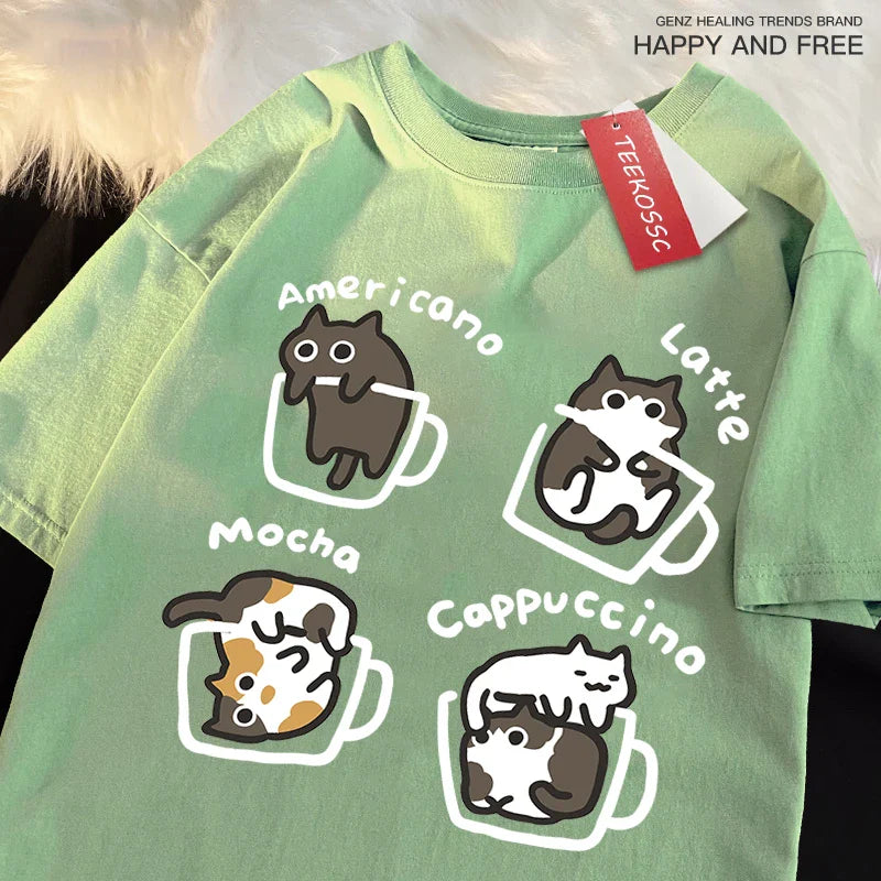 American Style Coffee Cat Japanese Style Tshirts Man Casual Breathable Cotton Loose Summer T-Shirt Loose Cotton Oversize T Shirt
