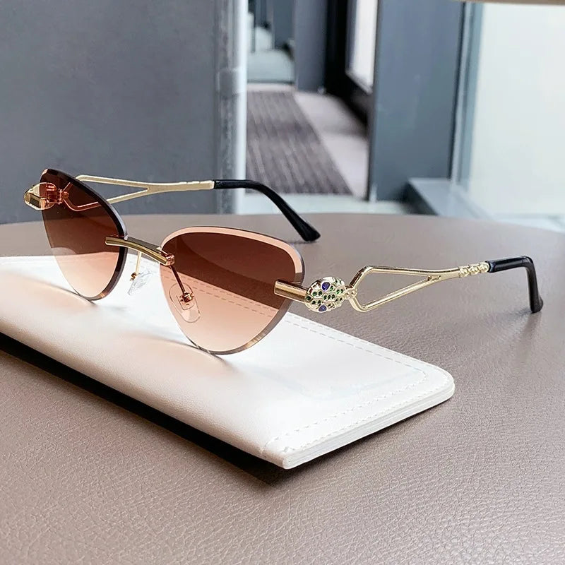 Rimless Cut Edge Cat Eye Sunglasses Gem Inlay Hollow Metal Temple UV400 Gradient Lens Shades for Women Daily Outdoor Sun Glasses