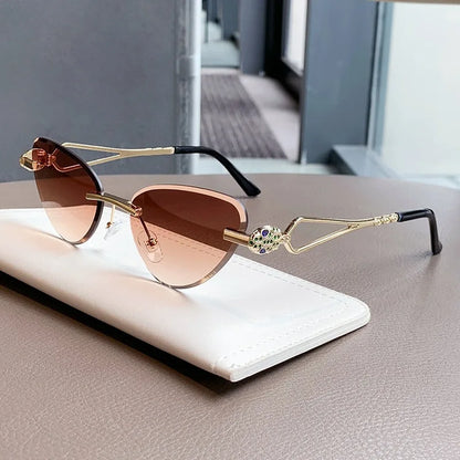Rimless Cut Edge Cat Eye Sunglasses Gem Inlay Hollow Metal Temple UV400 Gradient Lens Shades for Women Daily Outdoor Sun Glasses