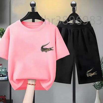 Summer Tees African crocodile print Set Suitable Children Short Sleeve Age 3-12 Girls boy Set Tshirt+Shorts 2pcs Kids clothing