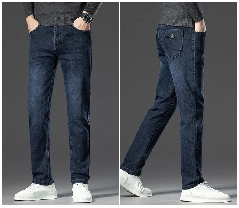 Winter Classic Business Men's Fleece Warm Jeans Straight Stretch Casual Thicken Denim Trousers Washed Fashion Velvet Male Pants