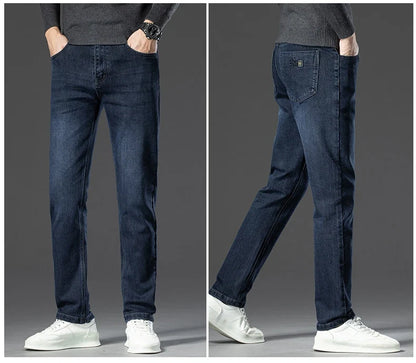 Winter Classic Business Men's Fleece Warm Jeans Straight Stretch Casual Thicken Denim Trousers Washed Fashion Velvet Male Pants
