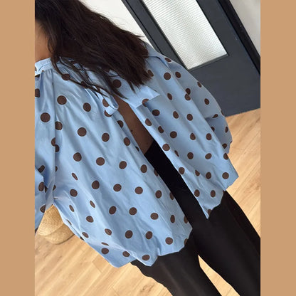 Elegant Women's Polka Dot Backless Bow Lace Up Blouses Loose Pleated Turtleneck Lantern Sleeve Shirts 2026 Spring Casual Tops